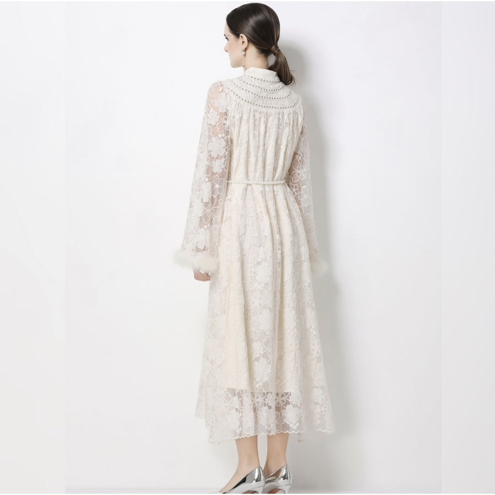 CM-DY068720 Women Elegant European Style Stand Collar Princess Sleeve Embroidered Long Dress - Apricot