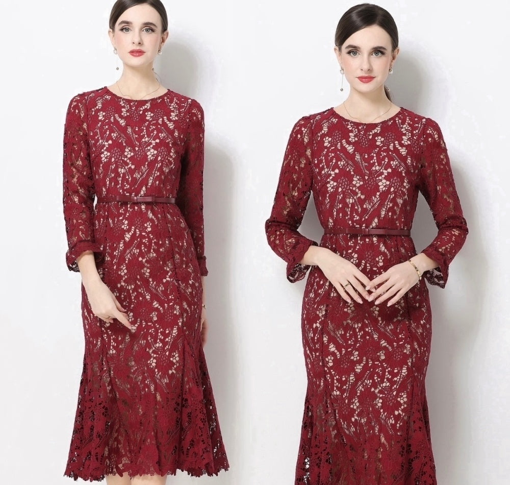 CM-DY068764 Women Elegant European Style Lace Round Neck Trumpet Sleeve Pinched Waist Long Dress - Wine Red