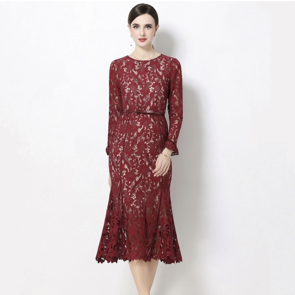 CM-DY068764 Women Elegant European Style Lace Round Neck Trumpet Sleeve Pinched Waist Long Dress - Wine Red