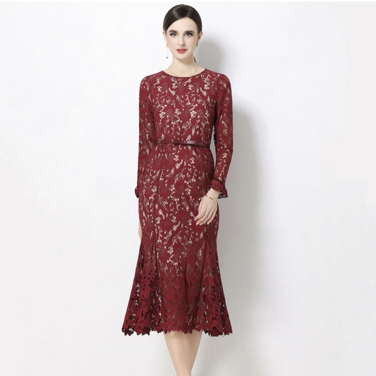CM-DY068764 Women Elegant European Style Lace Round Neck Trumpet Sleeve Pinched Waist Long Dress - Wine Red