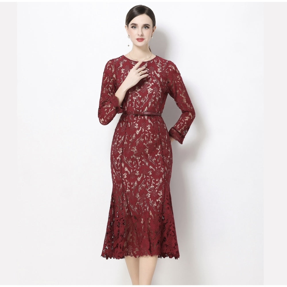 CM-DY068764 Women Elegant European Style Lace Round Neck Trumpet Sleeve Pinched Waist Long Dress - Wine Red