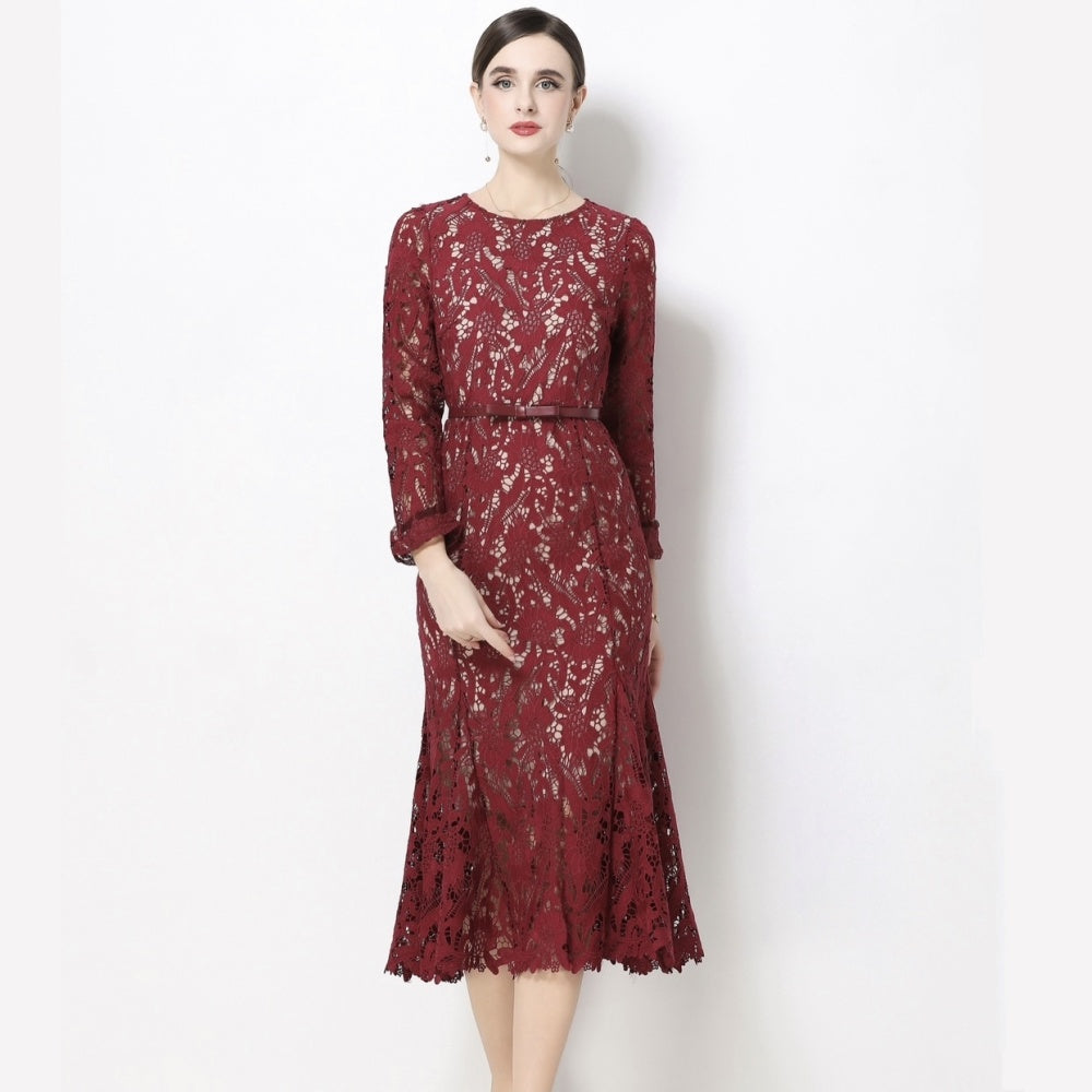 CM-DY068764 Women Elegant European Style Lace Round Neck Trumpet Sleeve Pinched Waist Long Dress - Wine Red