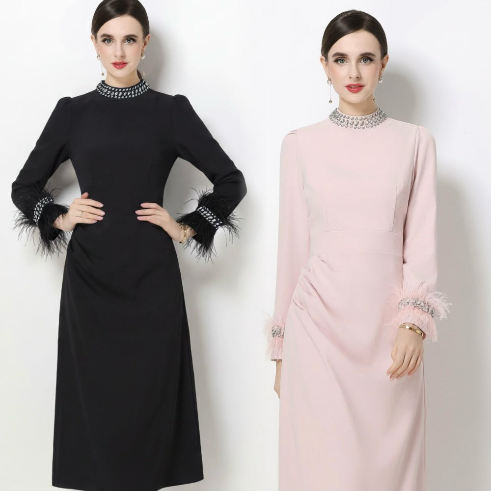 CM-DY068765 Women Elegant European Style Round Neck Long Sleeve Slim A-Line Midi Dress (Available in 2 colors)