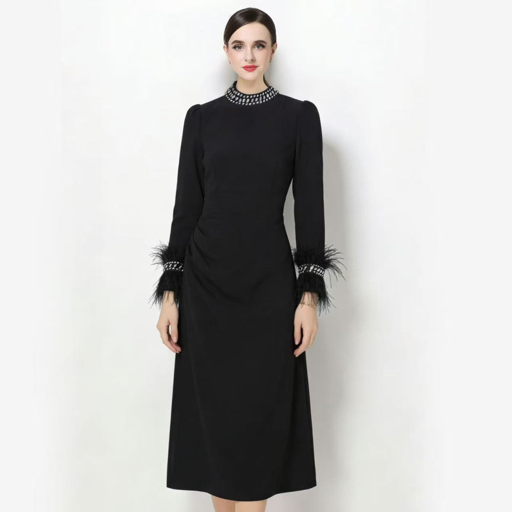CM-DY068765 Women Elegant European Style Round Neck Long Sleeve Slim A-Line Midi Dress (Available in 2 colors)