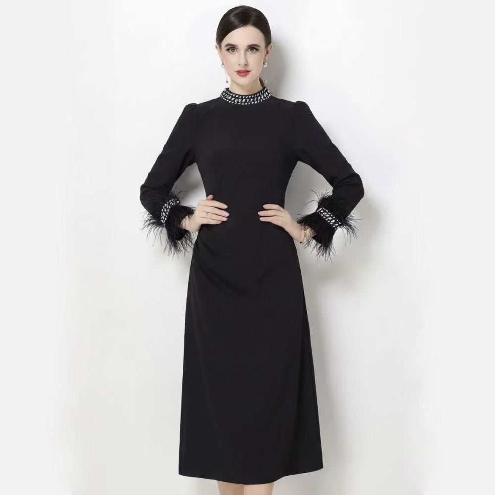 CM-DY068765 Women Elegant European Style Round Neck Long Sleeve Slim A-Line Midi Dress (Available in 2 colors)