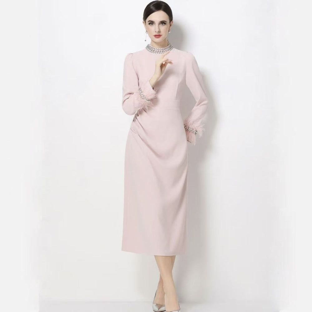 CM-DY068765 Women Elegant European Style Round Neck Long Sleeve Slim A-Line Midi Dress (Available in 2 colors)