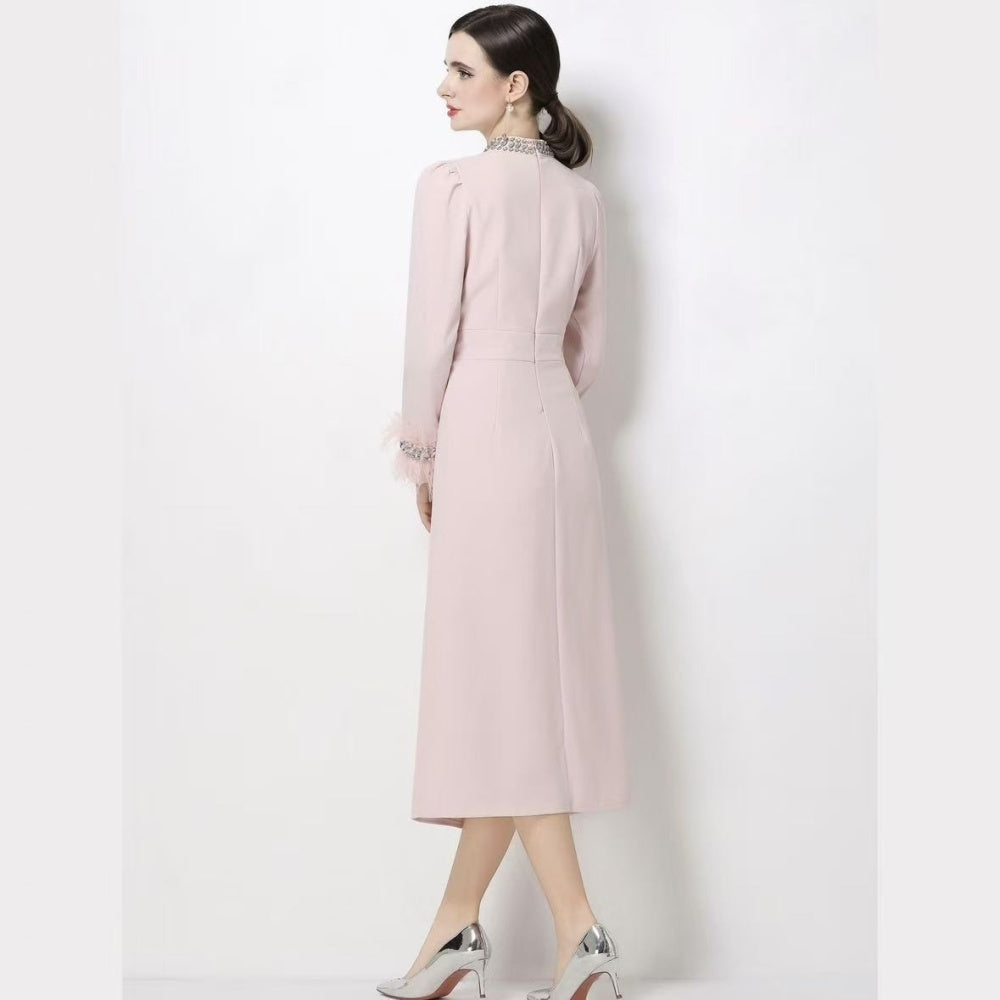 CM-DY068765 Women Elegant European Style Round Neck Long Sleeve Slim A-Line Midi Dress (Available in 2 colors)
