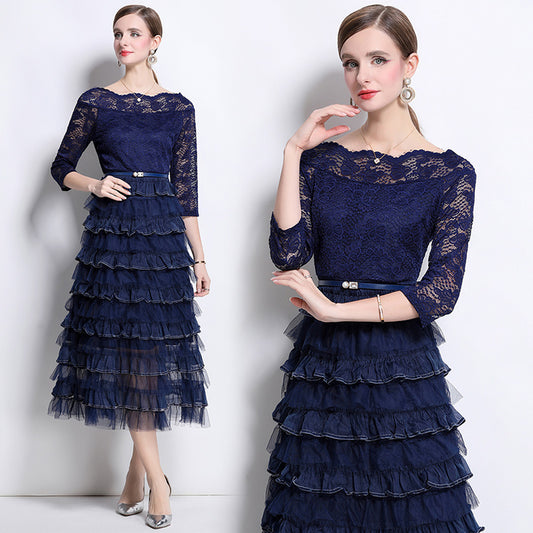 CM-DY069229 Women Elegant European Style Lace Horizontal Collar 3/4 Sleeve Cupcake Long Dress - Navy Blue