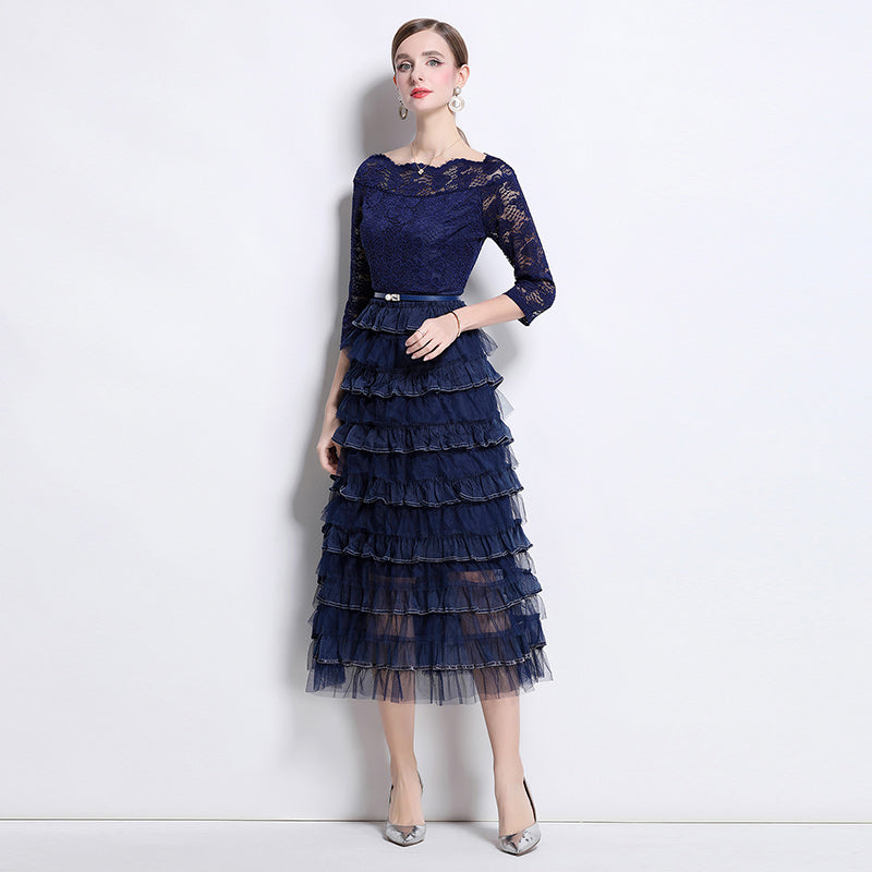 CM-DY069229 Women Elegant European Style Lace Horizontal Collar 3/4 Sleeve Cupcake Long Dress - Navy Blue