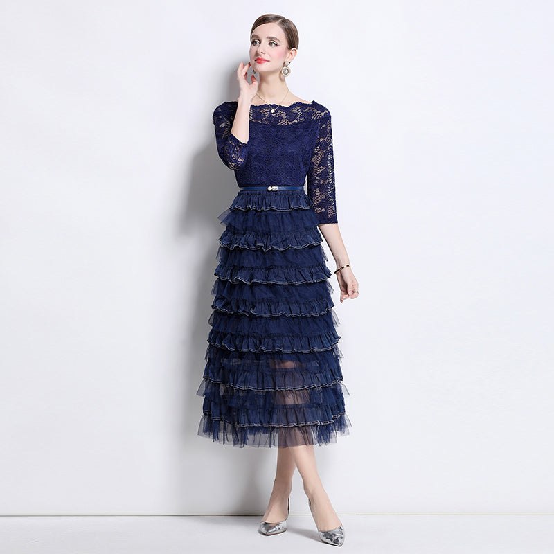 CM-DY069229 Women Elegant European Style Lace Horizontal Collar 3/4 Sleeve Cupcake Long Dress - Navy Blue