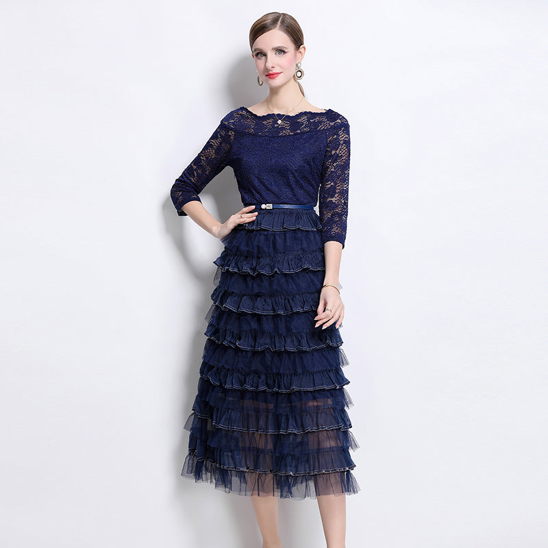 CM-DY069229 Women Elegant European Style Lace Horizontal Collar 3/4 Sleeve Cupcake Long Dress - Navy Blue