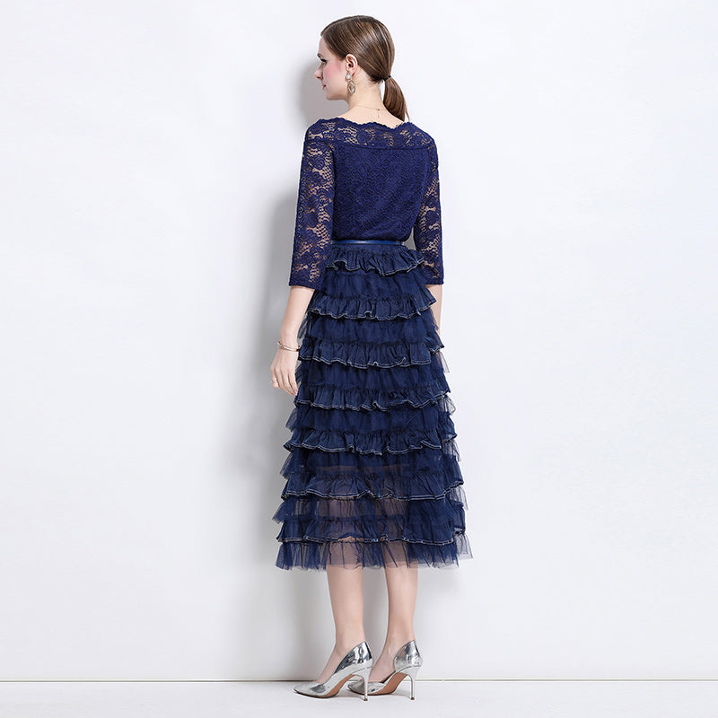 CM-DY069229 Women Elegant European Style Lace Horizontal Collar 3/4 Sleeve Cupcake Long Dress - Navy Blue