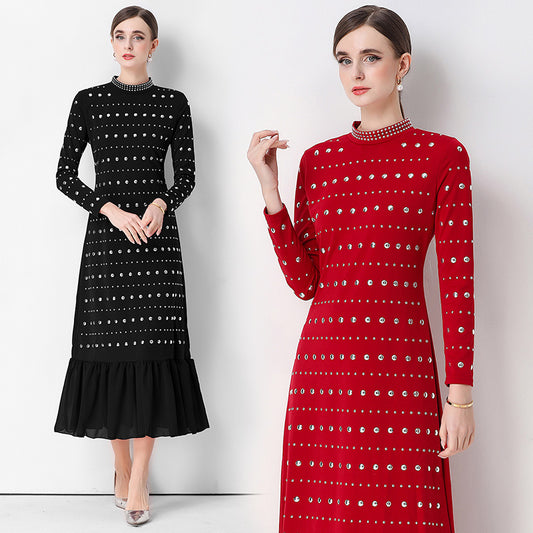 CM-DY069313 Women Elegant European Style Round Neck Long Sleeve High Waist Ruffle Hem Midi Dress (Available in 2 colors)