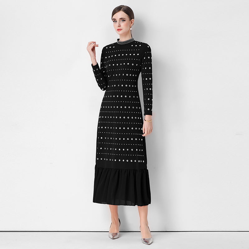 CM-DY069313 Women Elegant European Style Round Neck Long Sleeve High Waist Ruffle Hem Midi Dress (Available in 2 colors)