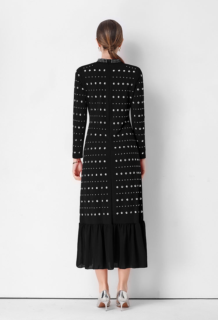 CM-DY069313 Women Elegant European Style Round Neck Long Sleeve High Waist Ruffle Hem Midi Dress (Available in 2 colors)