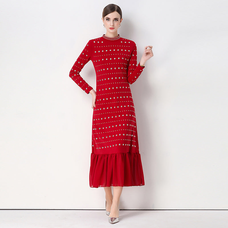 CM-DY069313 Women Elegant European Style Round Neck Long Sleeve High Waist Ruffle Hem Midi Dress (Available in 2 colors)