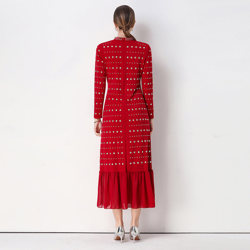 CM-DY069313 Women Elegant European Style Round Neck Long Sleeve High Waist Ruffle Hem Midi Dress (Available in 2 colors)