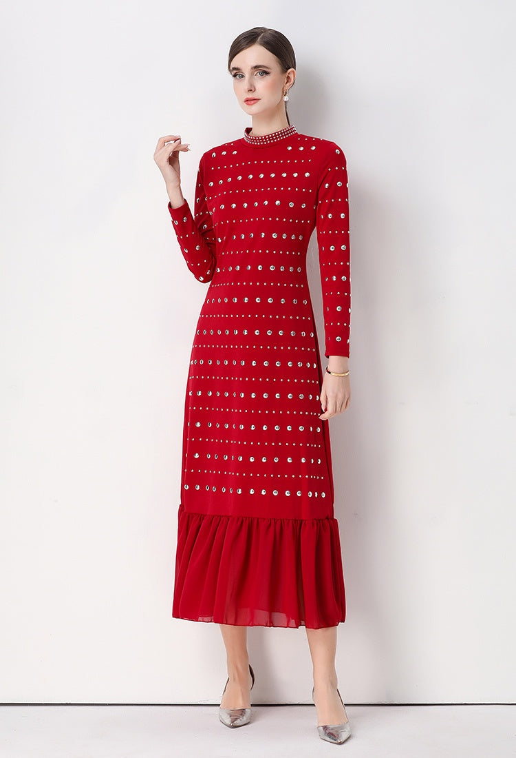 CM-DY069313 Women Elegant European Style Round Neck Long Sleeve High Waist Ruffle Hem Midi Dress (Available in 2 colors)