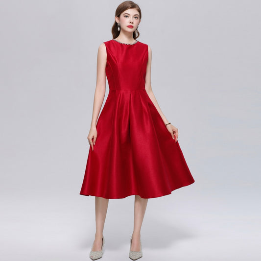 CM-DY069395 Women Elegant European Style Round Neck Sleeveless High Waist Midi A-Line Dress - Red