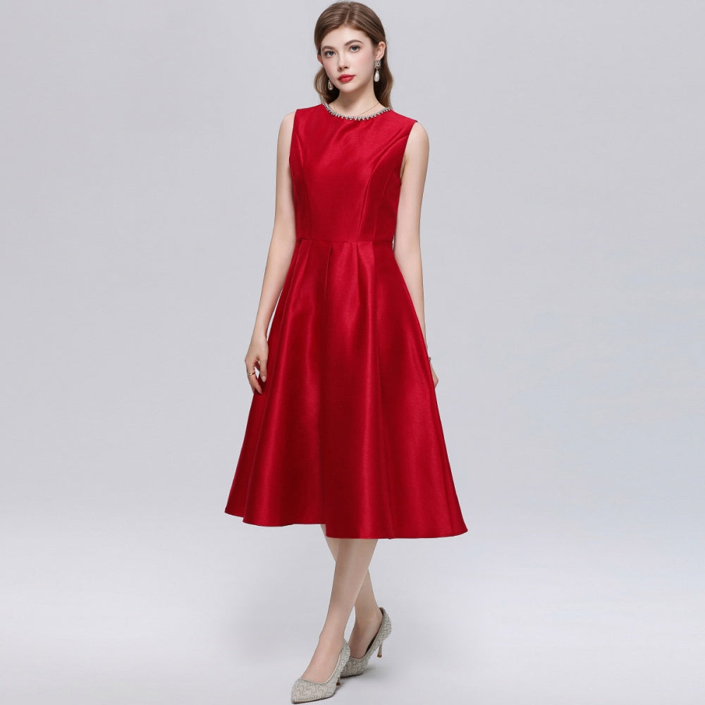 CM-DY069395 Women Elegant European Style Round Neck Sleeveless High Waist Midi A-Line Dress - Red