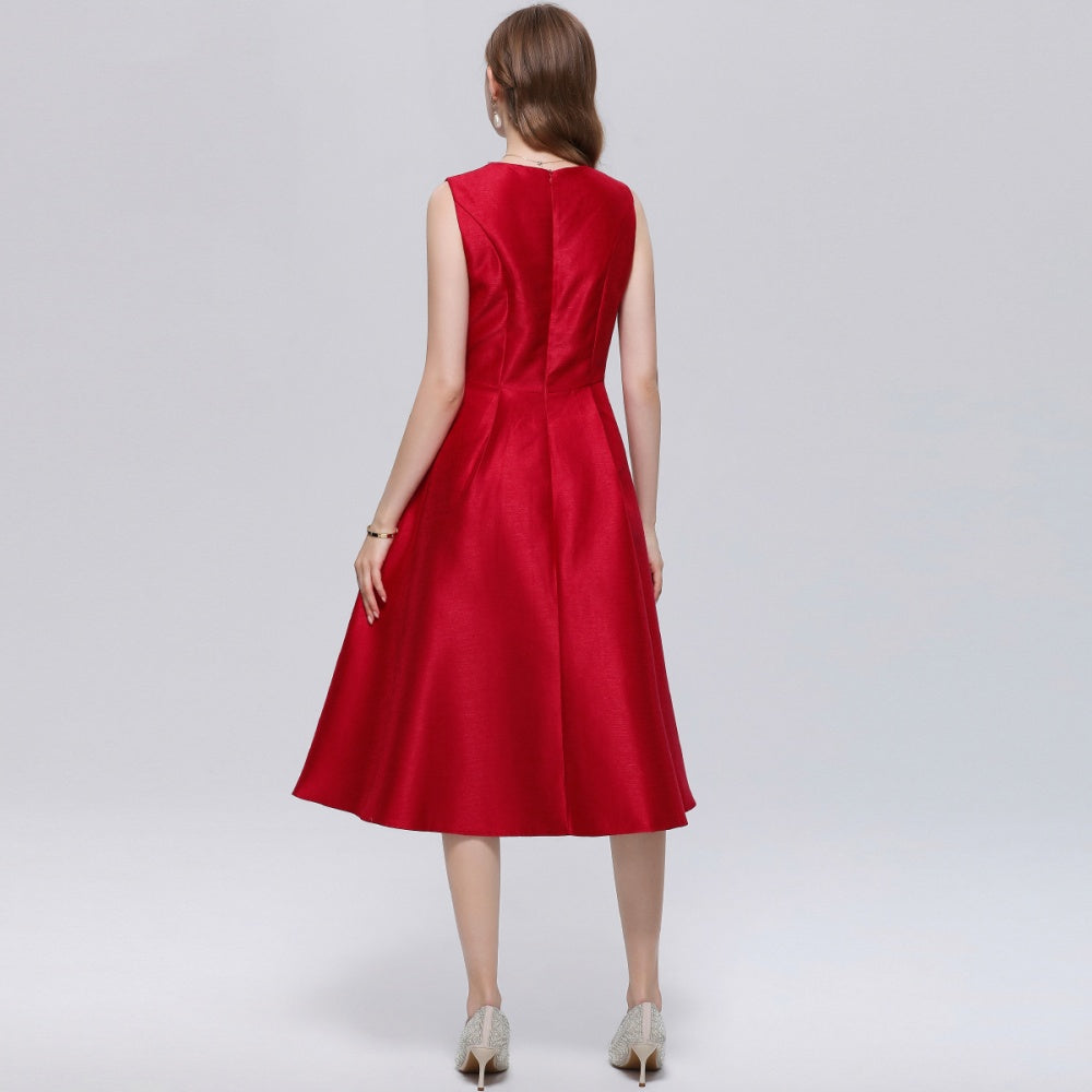 CM-DY069395 Women Elegant European Style Round Neck Sleeveless High Waist Midi A-Line Dress - Red