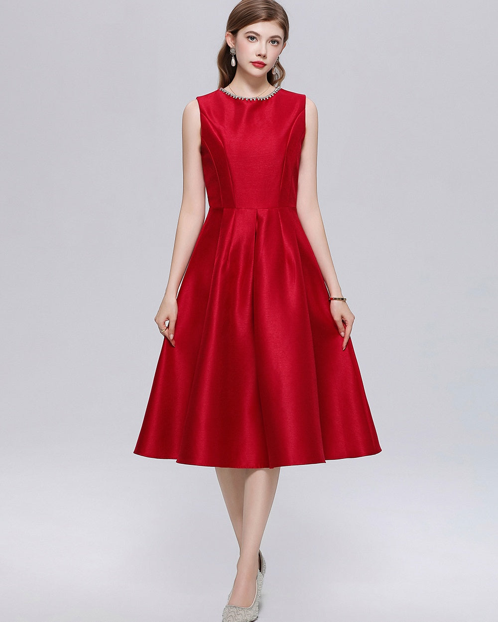 CM-DY069395 Women Elegant European Style Round Neck Sleeveless High Waist Midi A-Line Dress - Red