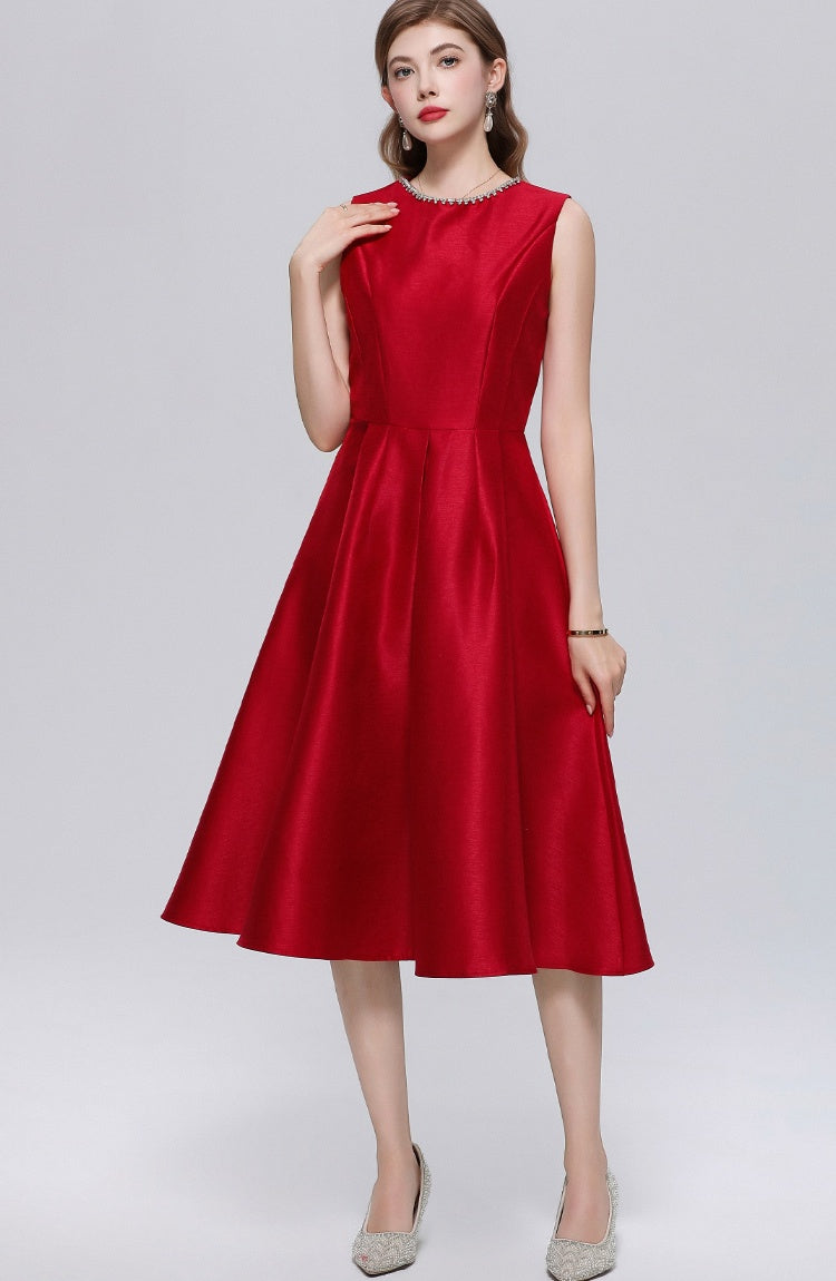 CM-DY069395 Women Elegant European Style Round Neck Sleeveless High Waist Midi A-Line Dress - Red