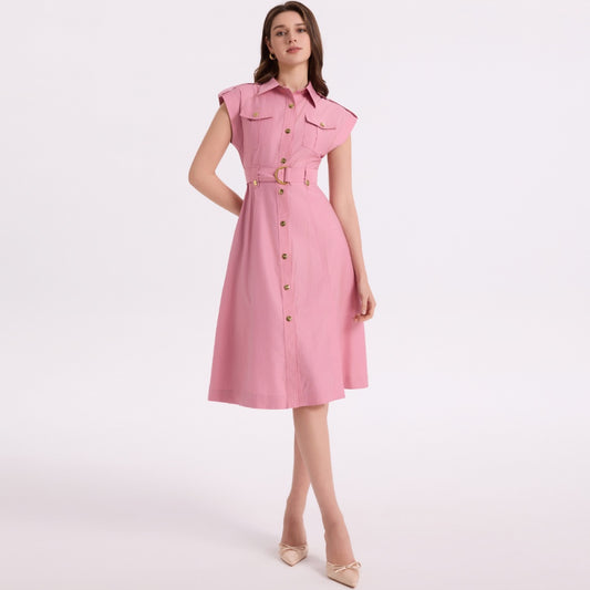 CM-DY069407 Women Elegant European Style Lapel Neckline Sleeveless Pinched Waist A-Line Dress - Pink