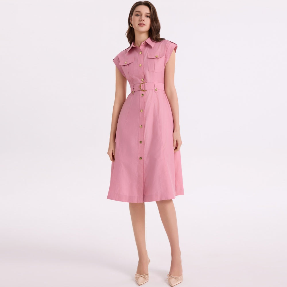 CM-DY069407 Women Elegant European Style Lapel Neckline Sleeveless Pinched Waist A-Line Dress - Pink