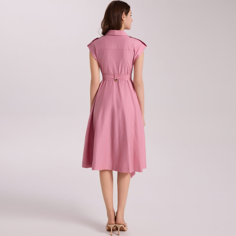 CM-DY069407 Women Elegant European Style Lapel Neckline Sleeveless Pinched Waist A-Line Dress - Pink