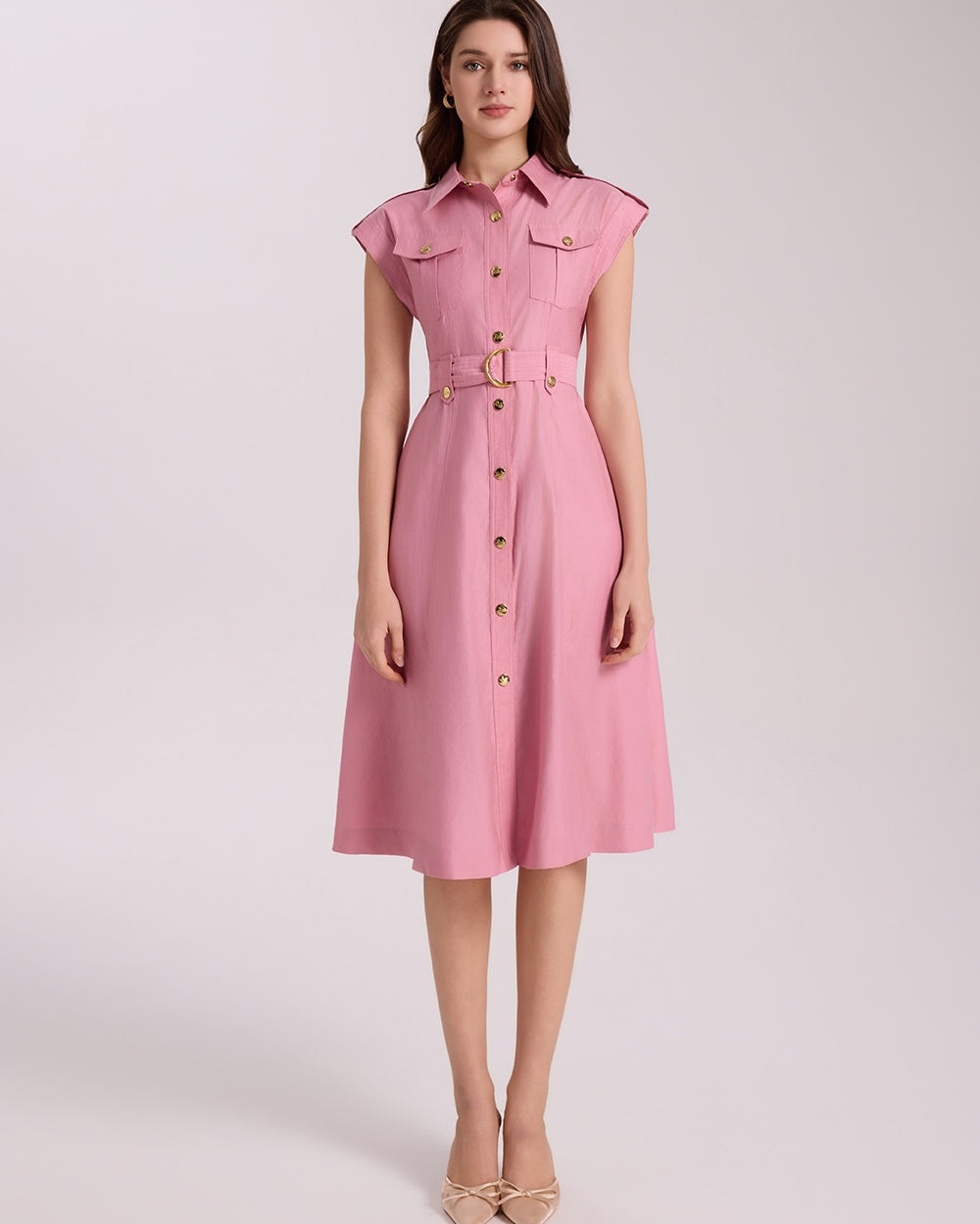 CM-DY069407 Women Elegant European Style Lapel Neckline Sleeveless Pinched Waist A-Line Dress - Pink