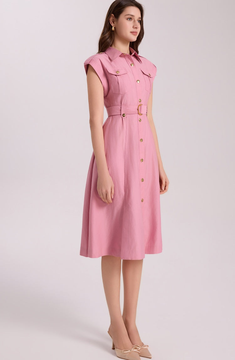 CM-DY069407 Women Elegant European Style Lapel Neckline Sleeveless Pinched Waist A-Line Dress - Pink