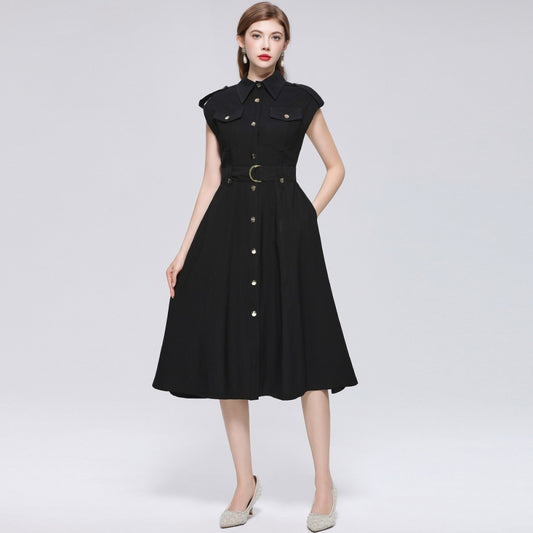 CM-DY069408 Women Elegant European Style Lapel Neckline Sleeveless Pinched Waist A-Line Dress - Black