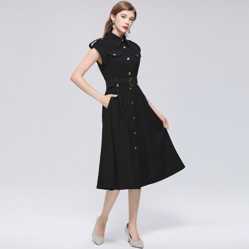 CM-DY069408 Women Elegant European Style Lapel Neckline Sleeveless Pinched Waist A-Line Dress - Black