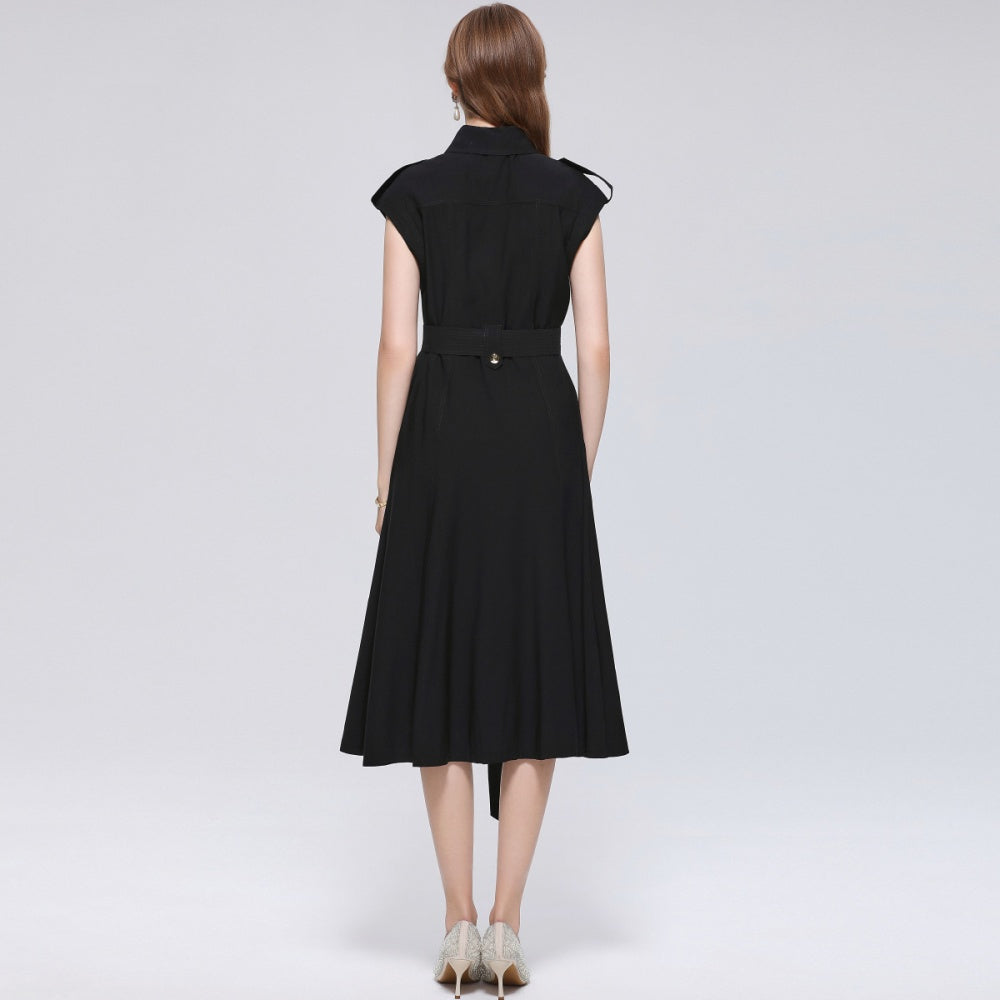 CM-DY069408 Women Elegant European Style Lapel Neckline Sleeveless Pinched Waist A-Line Dress - Black