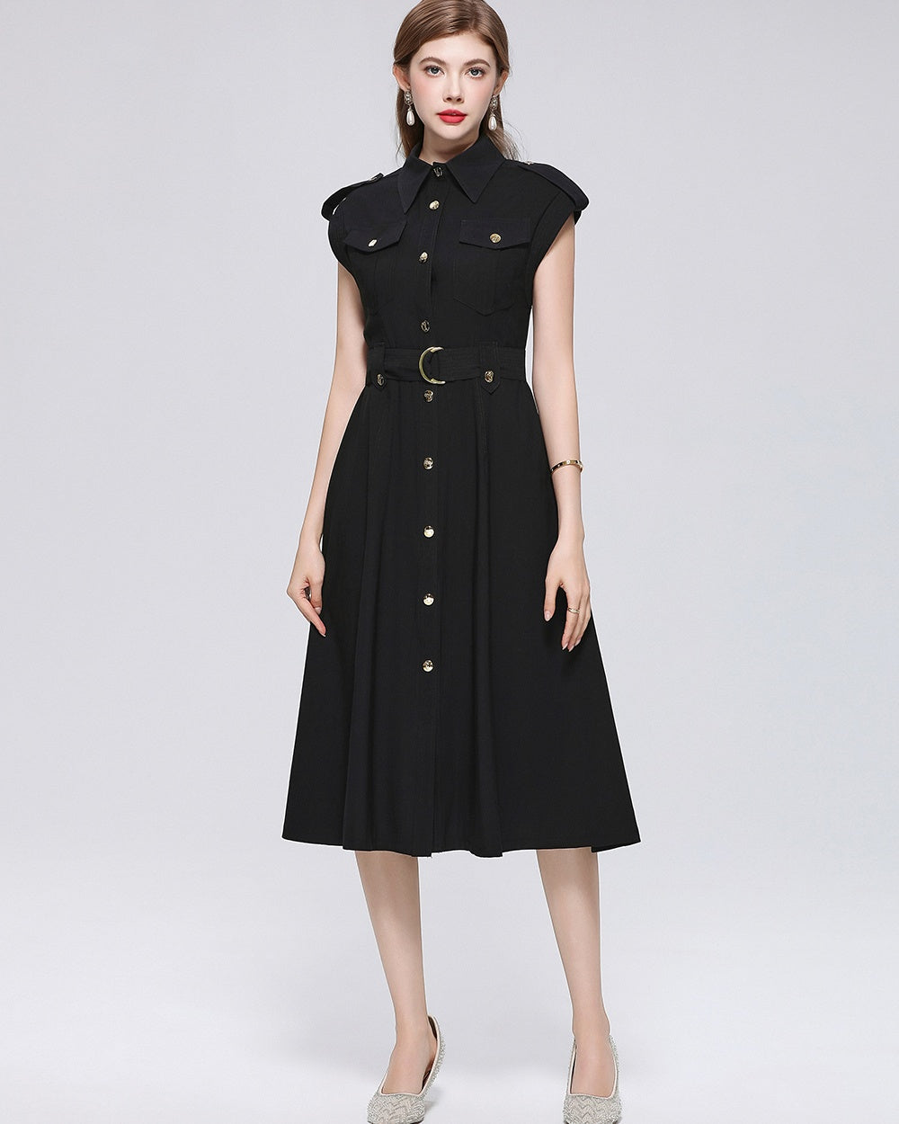 CM-DY069408 Women Elegant European Style Lapel Neckline Sleeveless Pinched Waist A-Line Dress - Black
