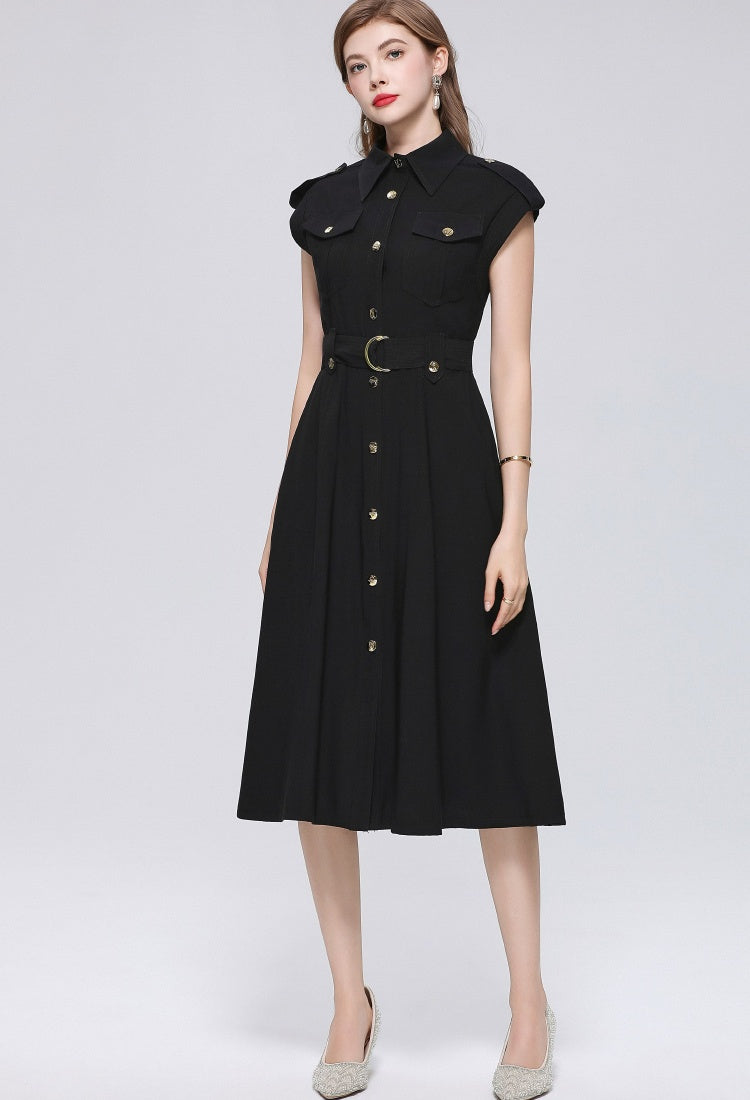 CM-DY069408 Women Elegant European Style Lapel Neckline Sleeveless Pinched Waist A-Line Dress - Black