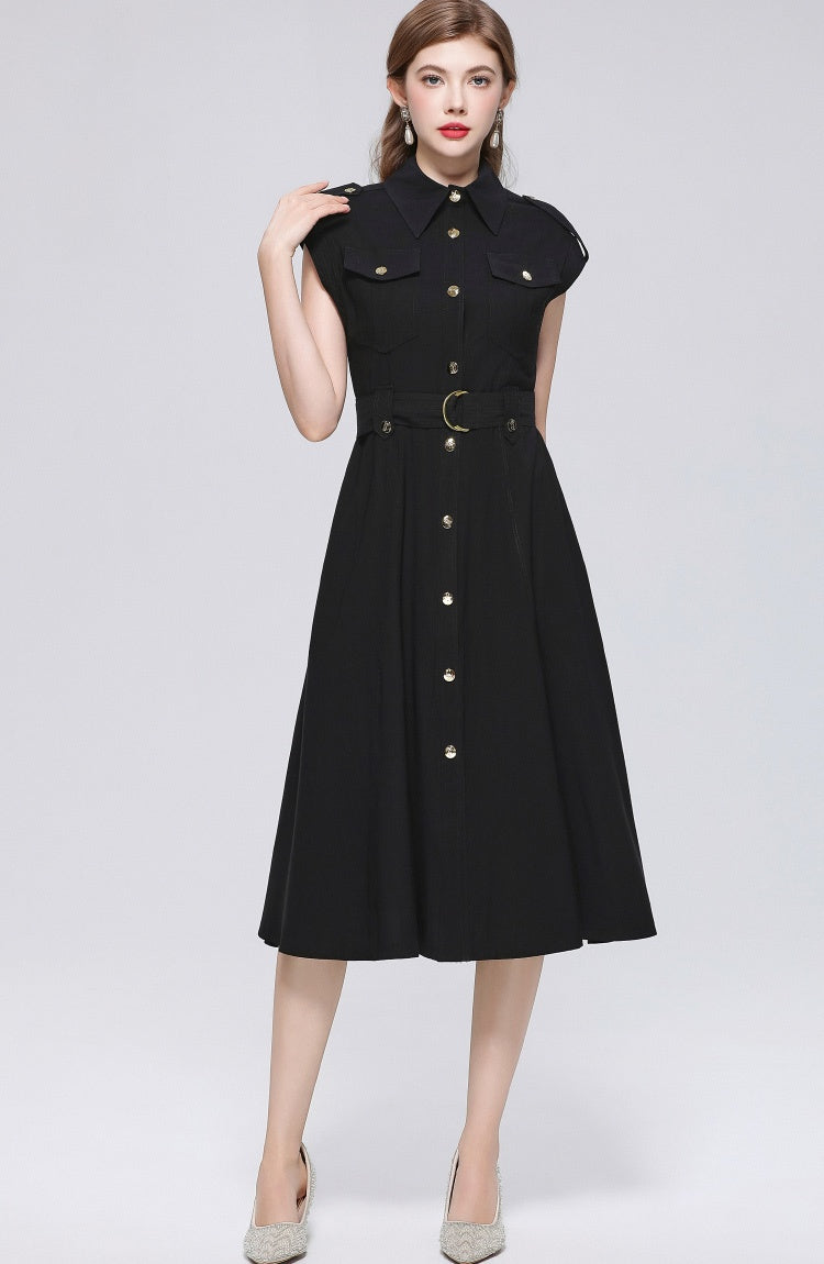 CM-DY069408 Women Elegant European Style Lapel Neckline Sleeveless Pinched Waist A-Line Dress - Black