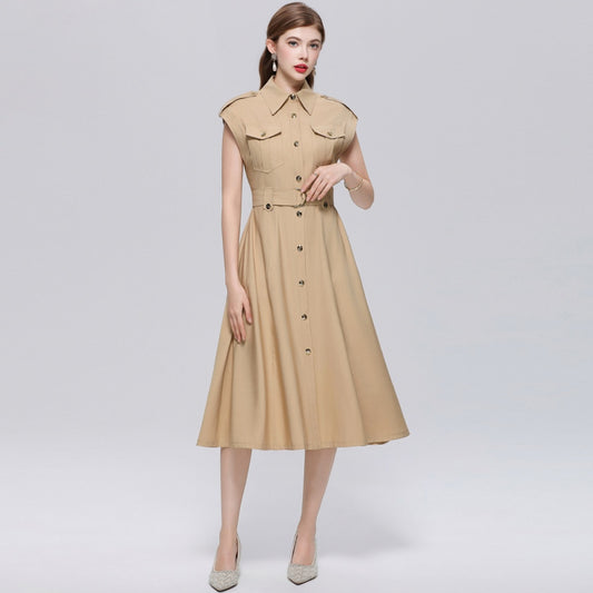 CM-DY069409 Women Elegant European Style Lapel Neckline Sleeveless Pinched Waist A-Line Dress - Khaki