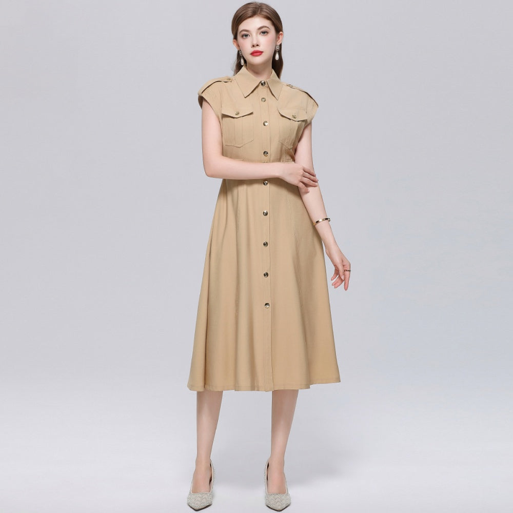 CM-DY069409 Women Elegant European Style Lapel Neckline Sleeveless Pinched Waist A-Line Dress - Khaki