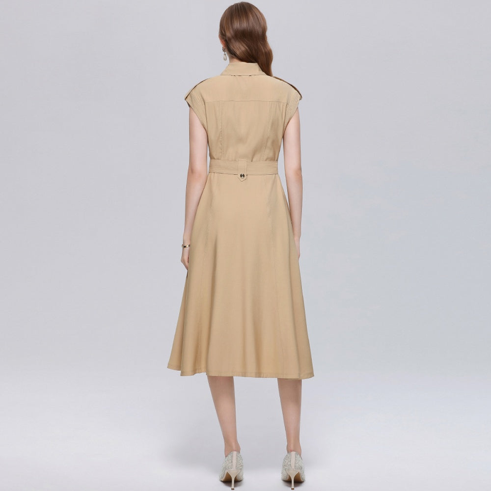CM-DY069409 Women Elegant European Style Lapel Neckline Sleeveless Pinched Waist A-Line Dress - Khaki