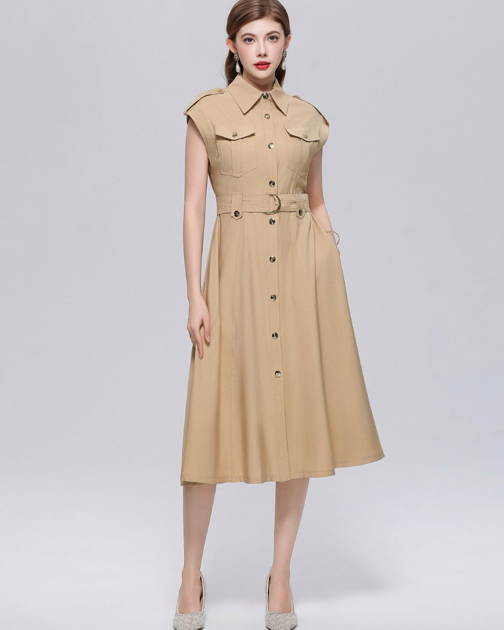 CM-DY069409 Women Elegant European Style Lapel Neckline Sleeveless Pinched Waist A-Line Dress - Khaki