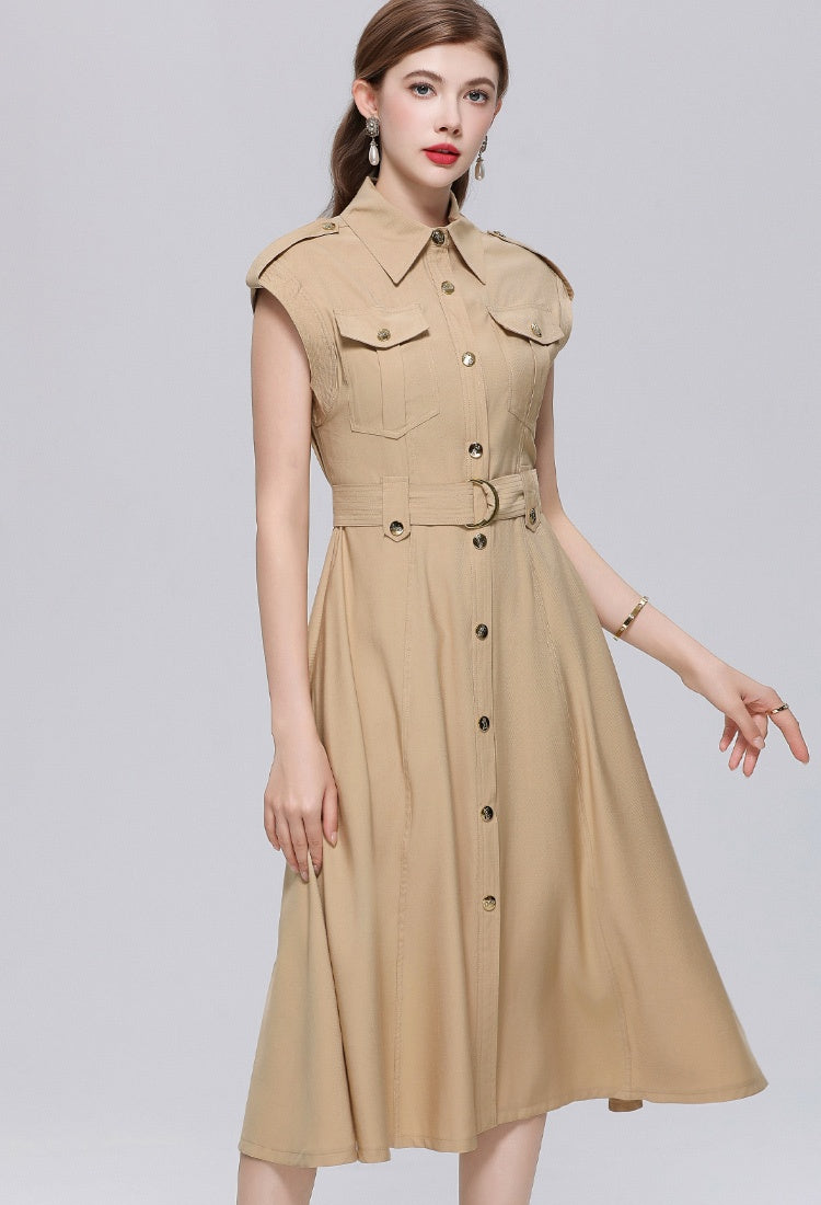 CM-DY069409 Women Elegant European Style Lapel Neckline Sleeveless Pinched Waist A-Line Dress - Khaki