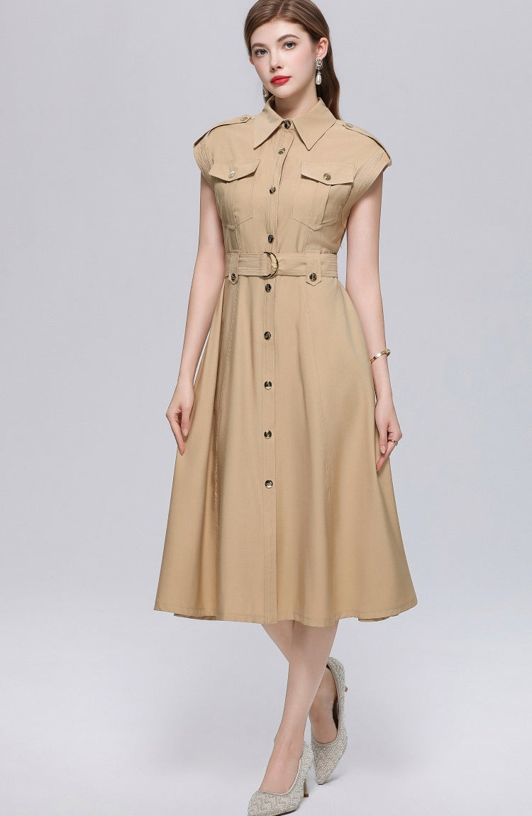 CM-DY069409 Women Elegant European Style Lapel Neckline Sleeveless Pinched Waist A-Line Dress - Khaki