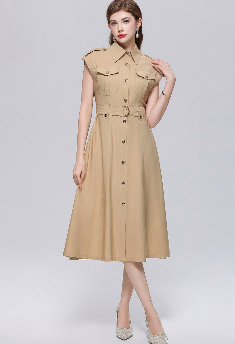 CM-DY069409 Women Elegant European Style Lapel Neckline Sleeveless Pinched Waist A-Line Dress - Khaki