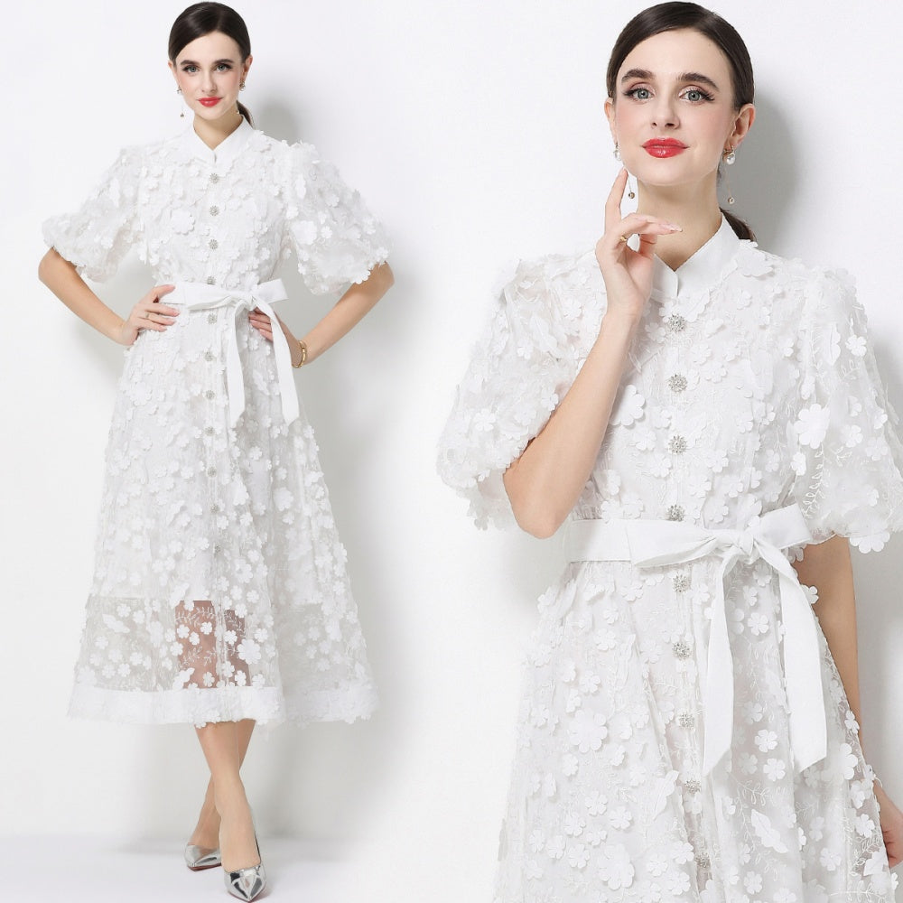 CM-DY069436 Women Elegant European Style Stand Collar Short Slleeve Embroidery A-Line Dress - White