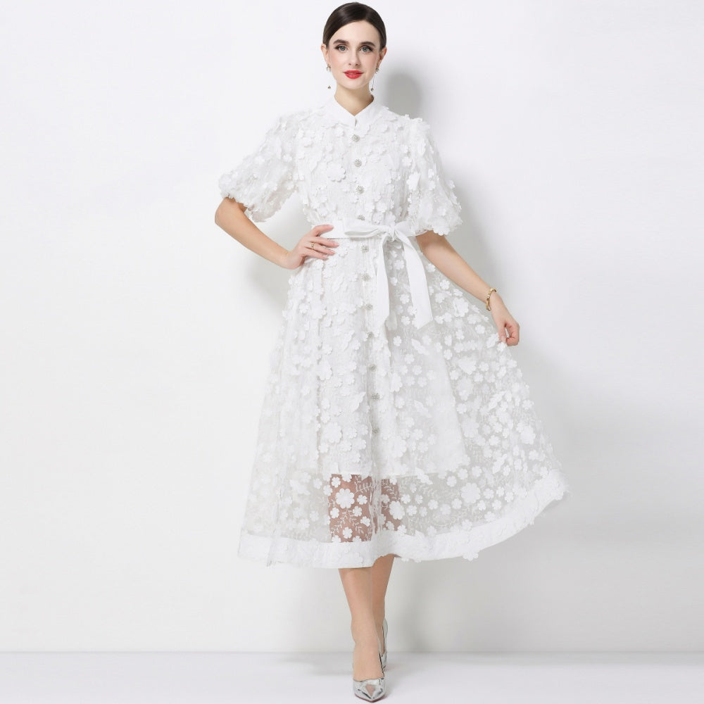 CM-DY069436 Women Elegant European Style Stand Collar Short Slleeve Embroidery A-Line Dress - White