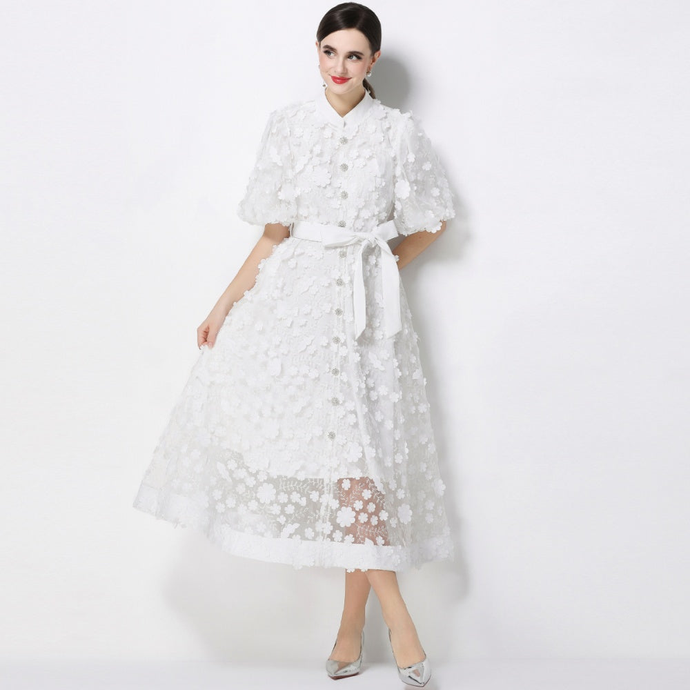 CM-DY069436 Women Elegant European Style Stand Collar Short Slleeve Embroidery A-Line Dress - White