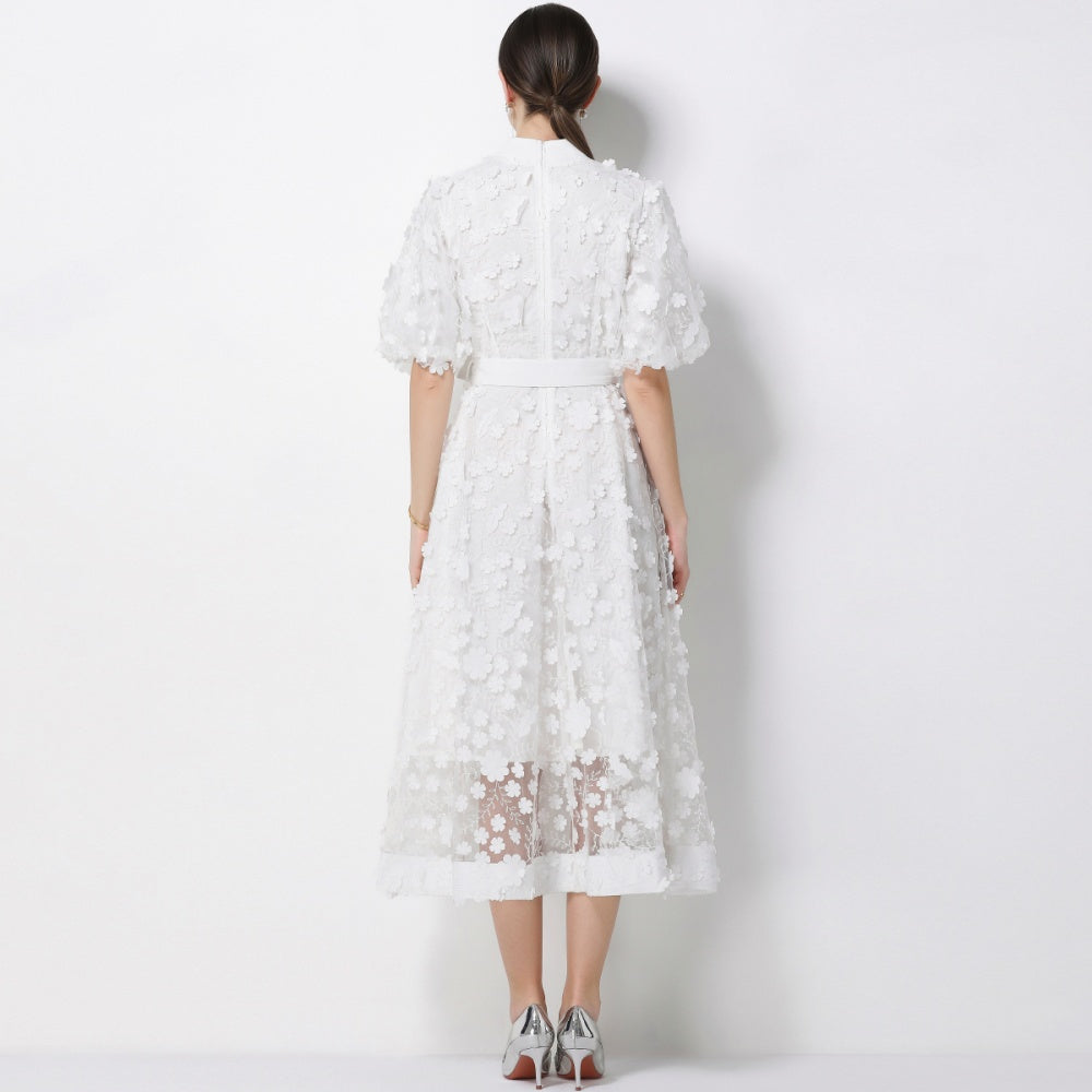 CM-DY069436 Women Elegant European Style Stand Collar Short Slleeve Embroidery A-Line Dress - White