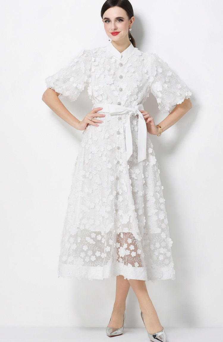 CM-DY069436 Women Elegant European Style Stand Collar Short Slleeve Embroidery A-Line Dress - White